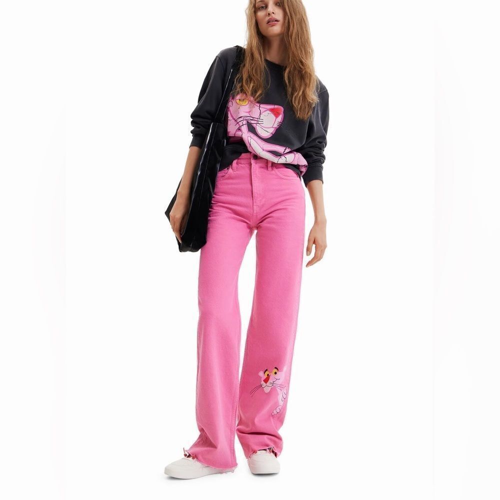 đ„DESIGUAL Wide-leg Pink Panther jeans szâ4âNEW - Picture 1 of 8